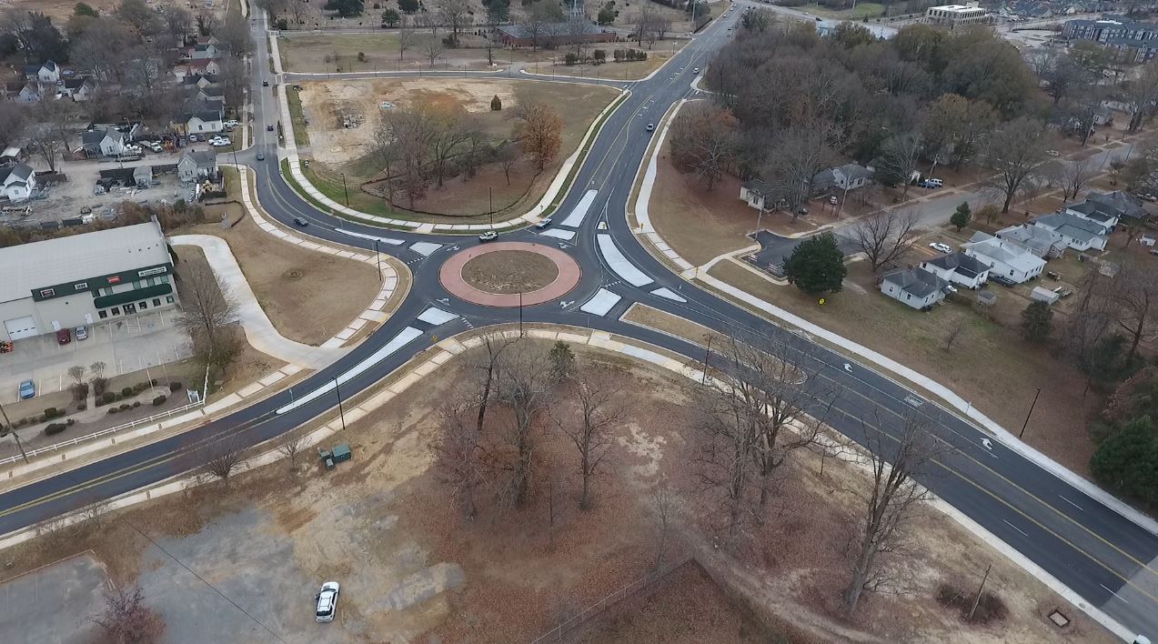 aerial view of a traffic roundabout