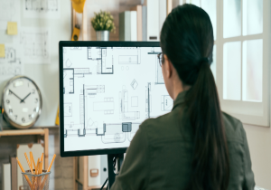 woman looking at architectural plans on desktop computer