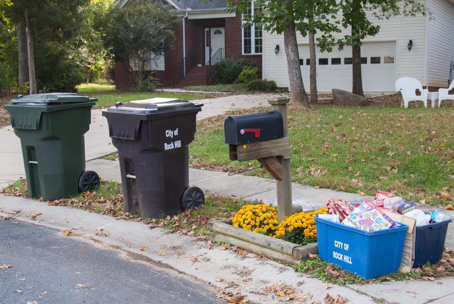 roll carts and recycling bins on the curb of a suburban street